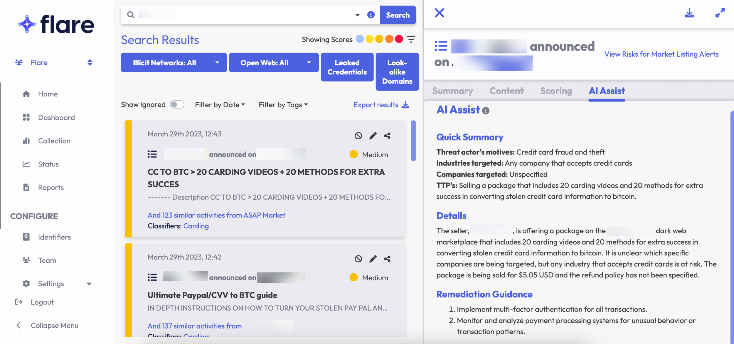 Screenshot of Flare platform clicked into a search result for an alert. The AI Powered Assistant tab shows the Quick Summary, Details, and Remediation Guidance of the alert. 
