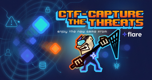 CTF The text Capture the Threats in orange over a dark blue background. There is a cartoon man with a Flare logo on his shirt holding a net.