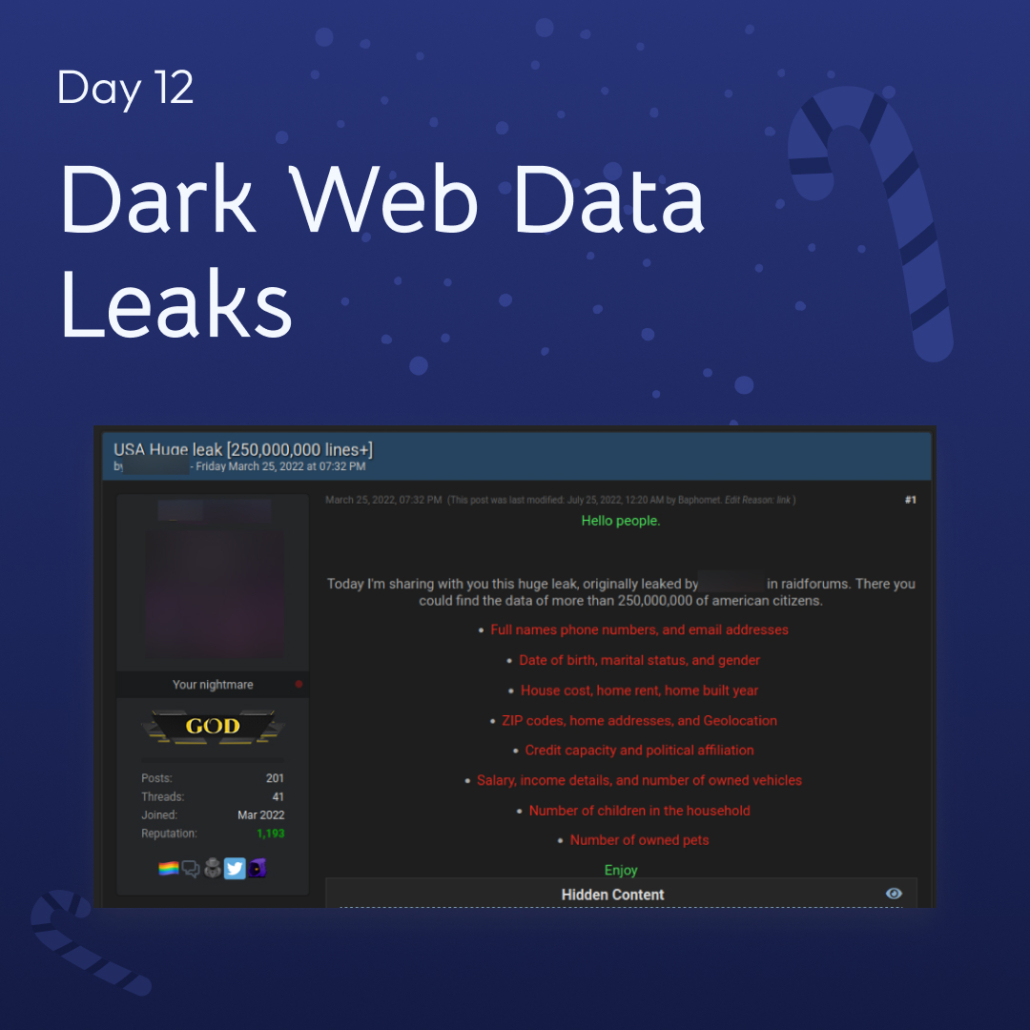 White text "Dark Web Data Leaks"​ with a screenshot of threat actor advertising a data leak over a navy background. 