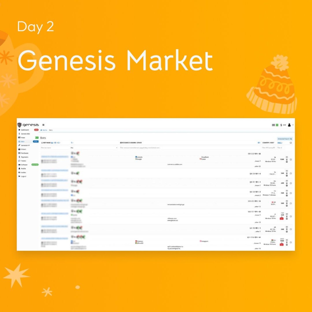 White text "Day 2 Genesis Market"​ with a screenshot of the Genesis Market homepage over an orange background.
