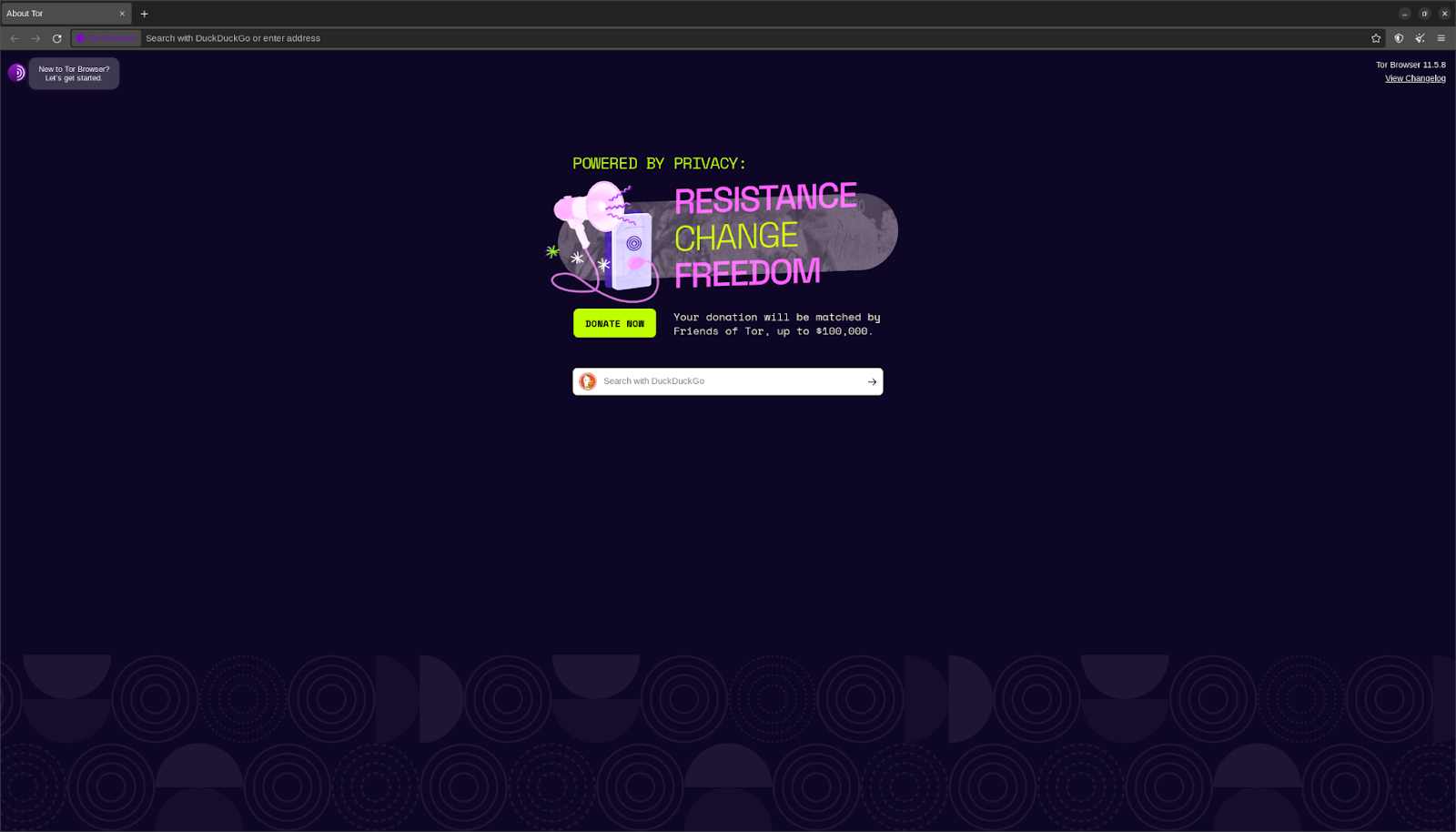 The homepage of the TOR browser has a dark navy-black background with a graphic in the middle of a megaphone with the text “Resistance Change Freedom” next to it.