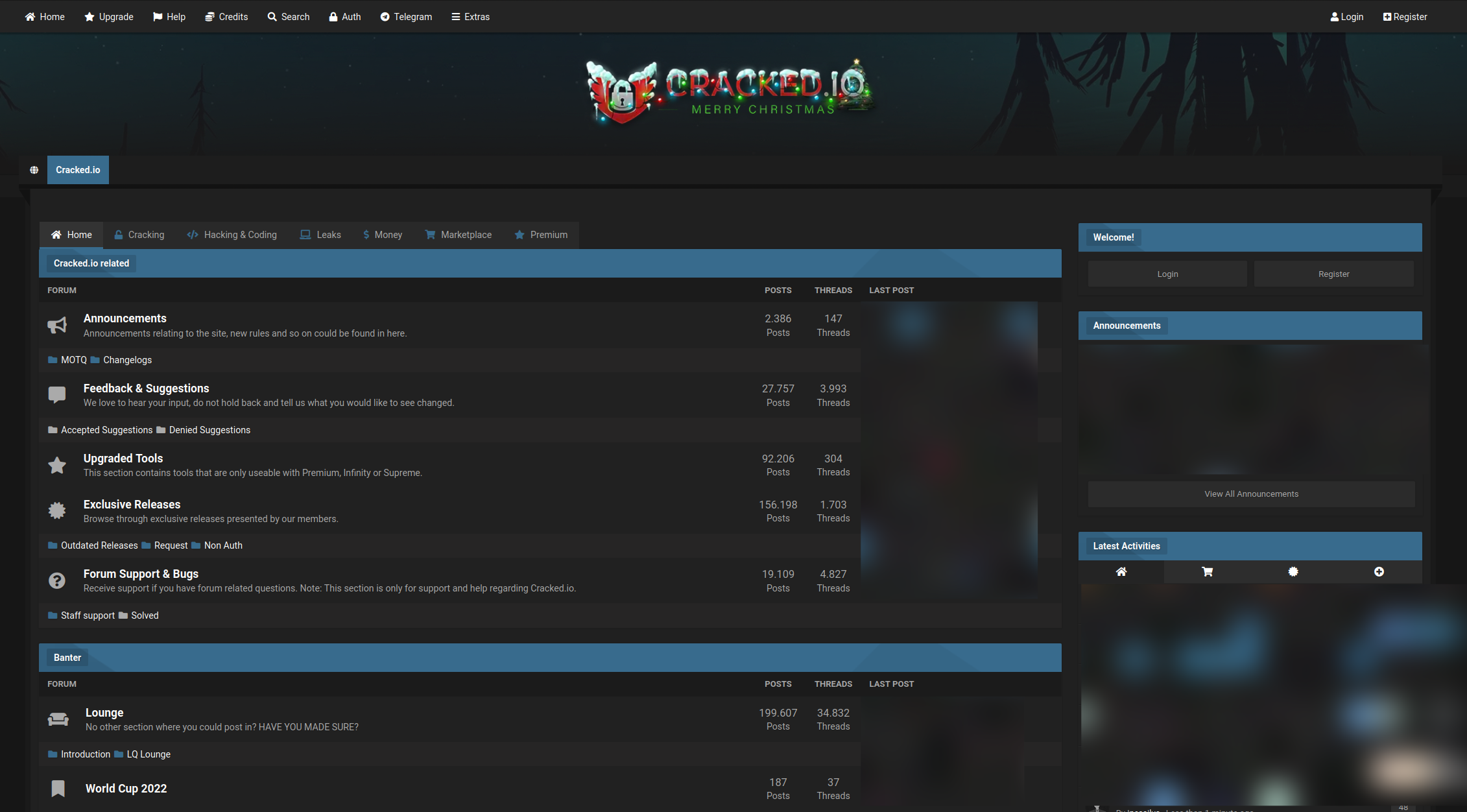 Screenshot of forum with the title “Cracked.io” in the top middle. The rest of the homepage has announcements and other sections for interactions. The background is black with blue bars for different sections. 