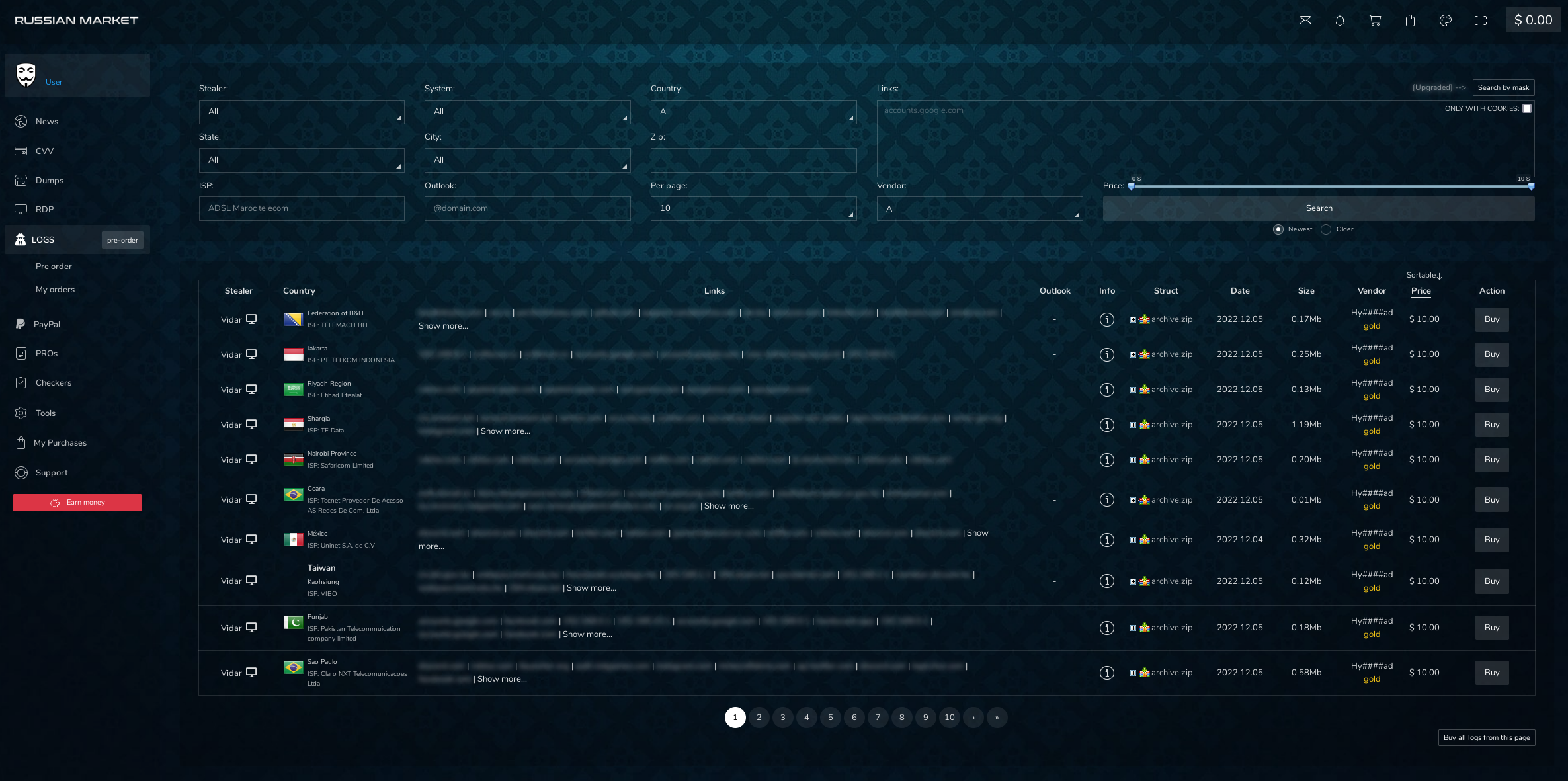 Screenshot of the Russian Market stealer logs page, which is on a dark navy background. There are multiple search options at the top of the homescreen with a number of listings below it from different countries.