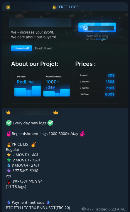 Screenshot with the title “Free Logs” with a crown emoji at the top with descriptions about pricing for logs. The background is dark navy and black with lighter blue and white text and buttons. 