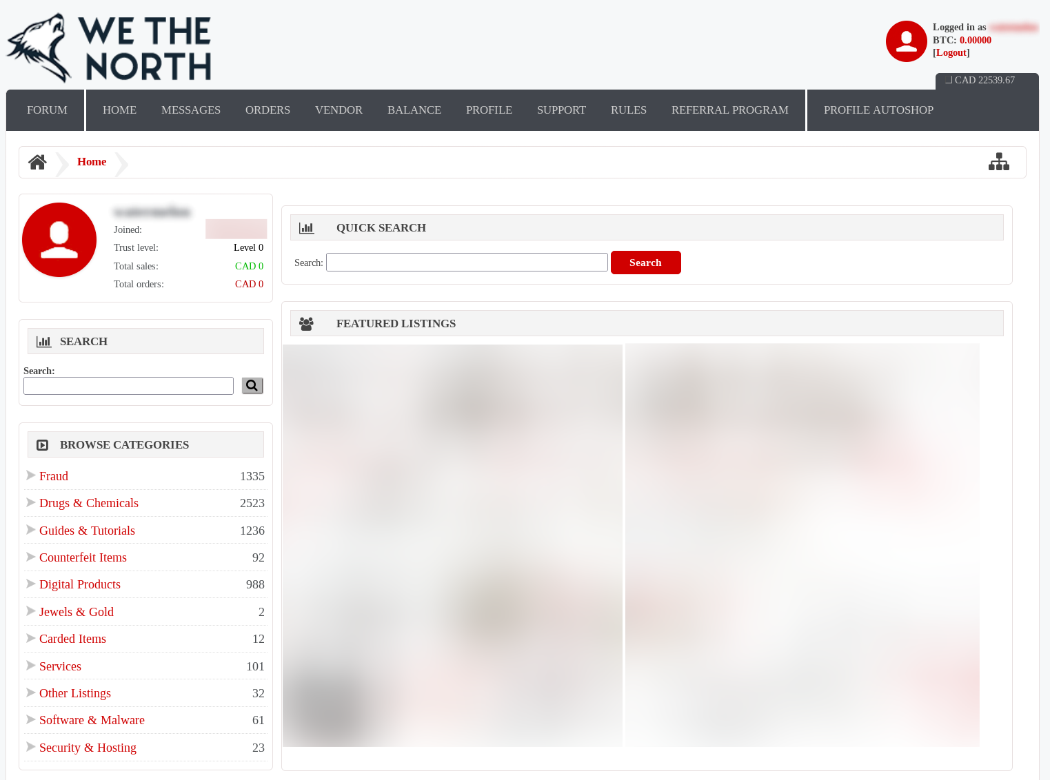 Screenshot of We the North homepage, which has mostly a white background. There are blurred pictures of featured listings in the middle with a menu bar on the left of categories of items to purchase like fraud, drugs & chemicals, digital products, and more. 